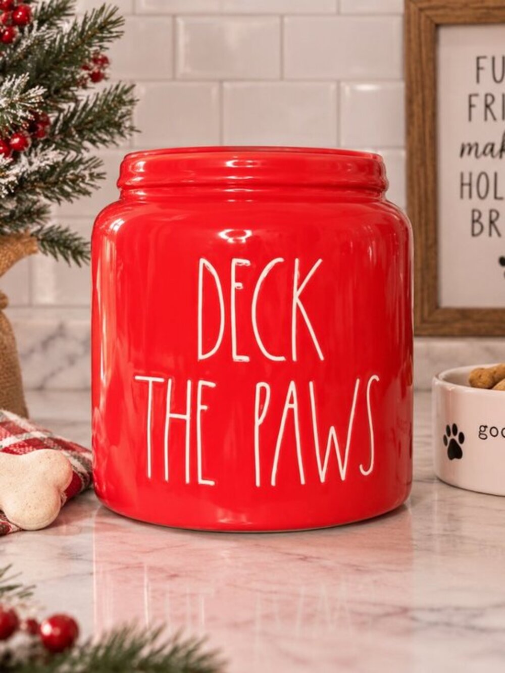 Rae Dunn Deck the Paws Red Christmas Pet Treat Jar Canister NWT